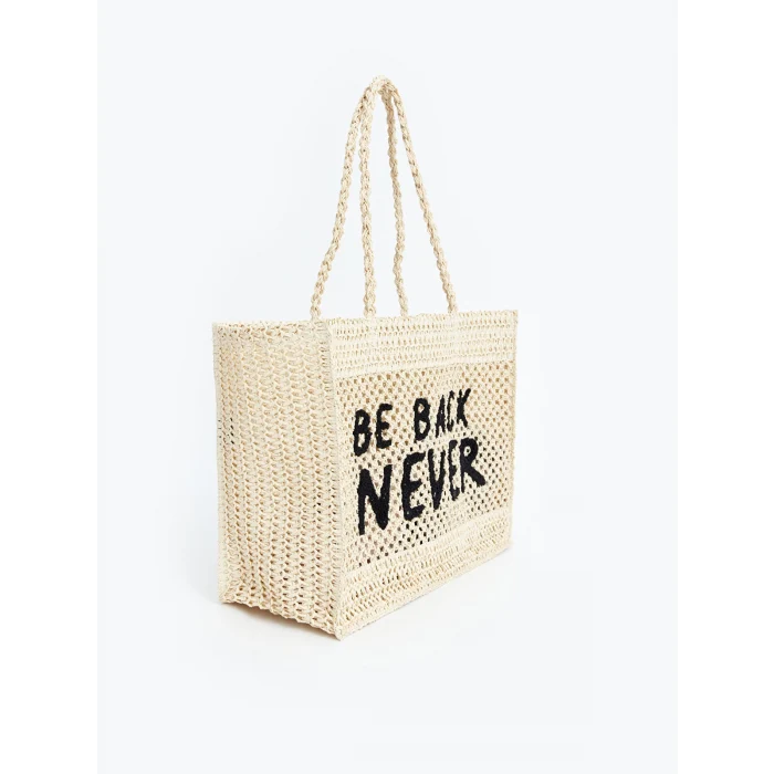 LCW ACCESSORIES EKRU Yazı Baskılı Kadın Hasır Kol Çantası