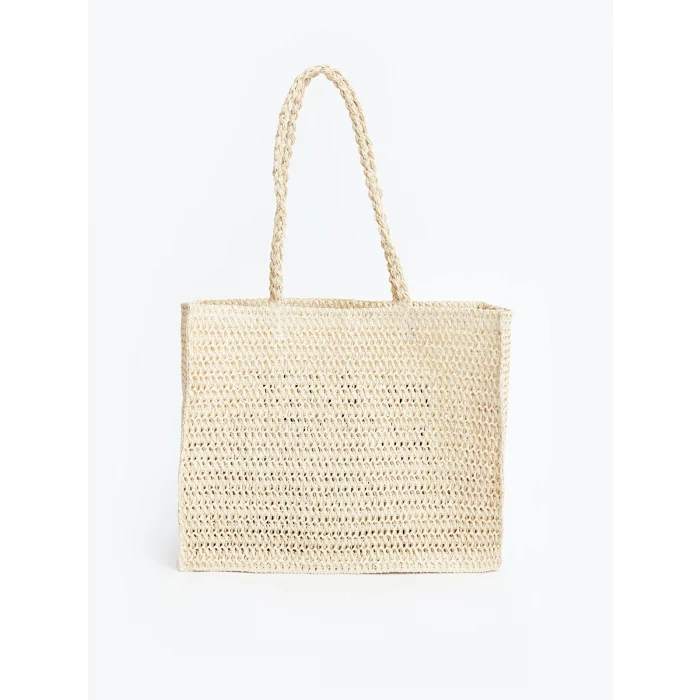 LCW ACCESSORIES EKRU Yazı Baskılı Kadın Hasır Kol Çantası