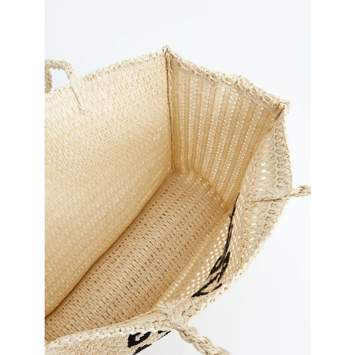 LCW ACCESSORIES EKRU Yazı Baskılı Kadın Hasır Kol Çantası