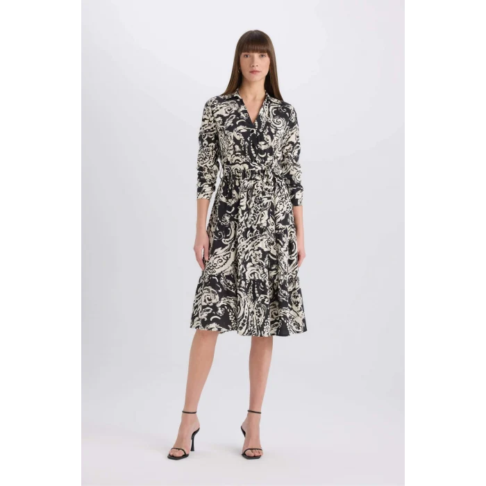 Defacto E5995 Siyah Gömlek Yaka Desenli Uzun Kollu Midi Elbise