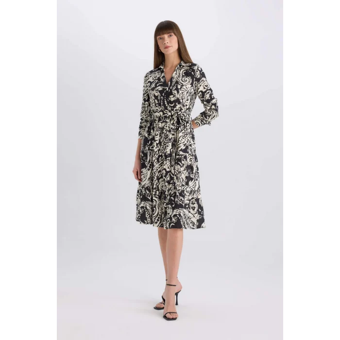 Defacto E5995 Siyah Gömlek Yaka Desenli Uzun Kollu Midi Elbise