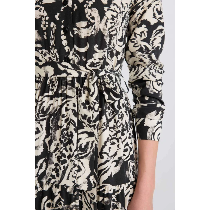 Defacto E5995 Siyah Gömlek Yaka Desenli Uzun Kollu Midi Elbise