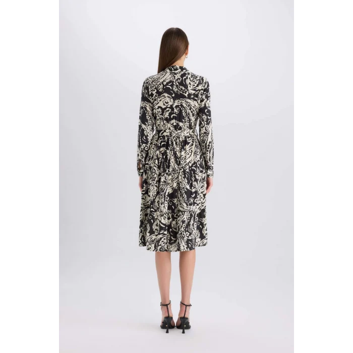 Defacto E5995 Siyah Gömlek Yaka Desenli Uzun Kollu Midi Elbise