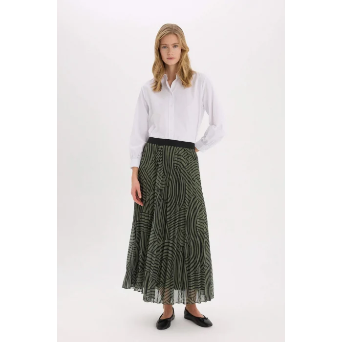 Defacto E5454 Haki Pilise Baskılı Şifon Maxi Etek