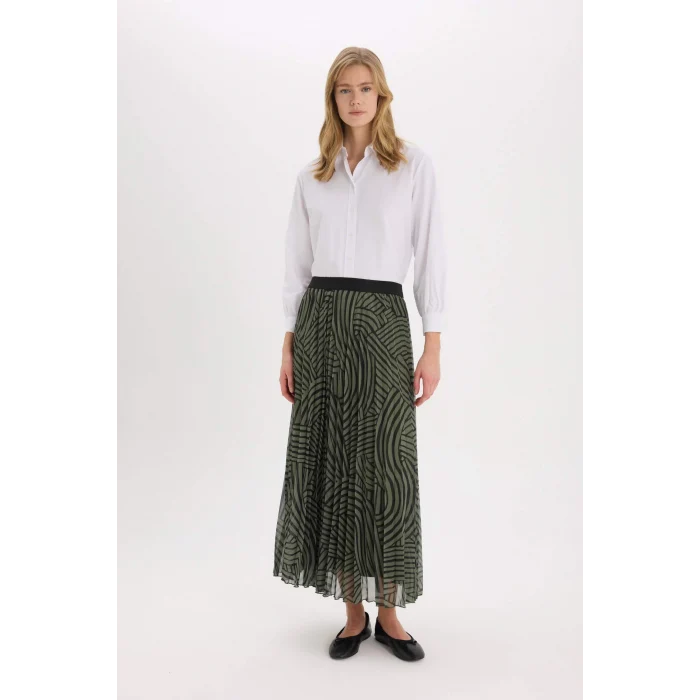 Defacto E5454 Haki Pilise Baskılı Şifon Maxi Etek