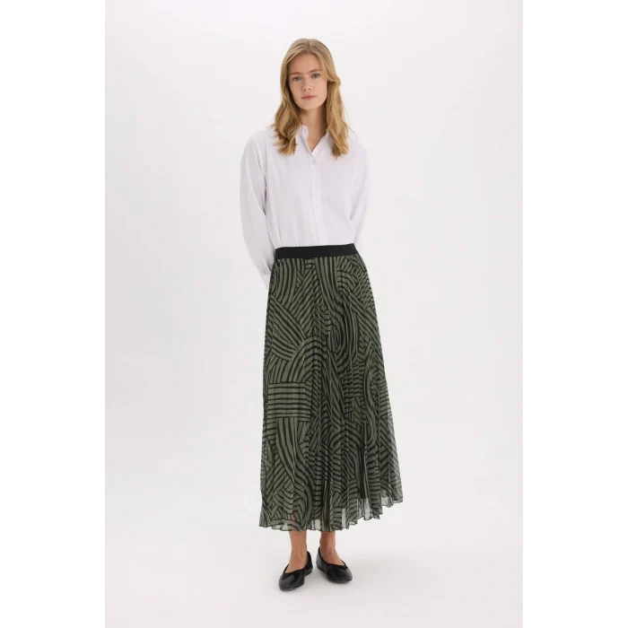 Defacto E5454 Haki Pilise Baskılı Şifon Maxi Etek
