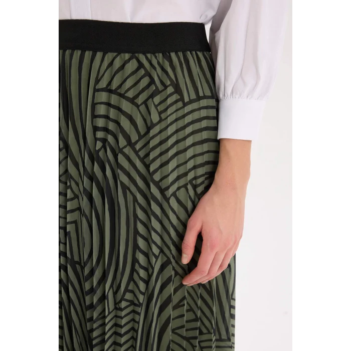 Defacto E5454 Haki Pilise Baskılı Şifon Maxi Etek