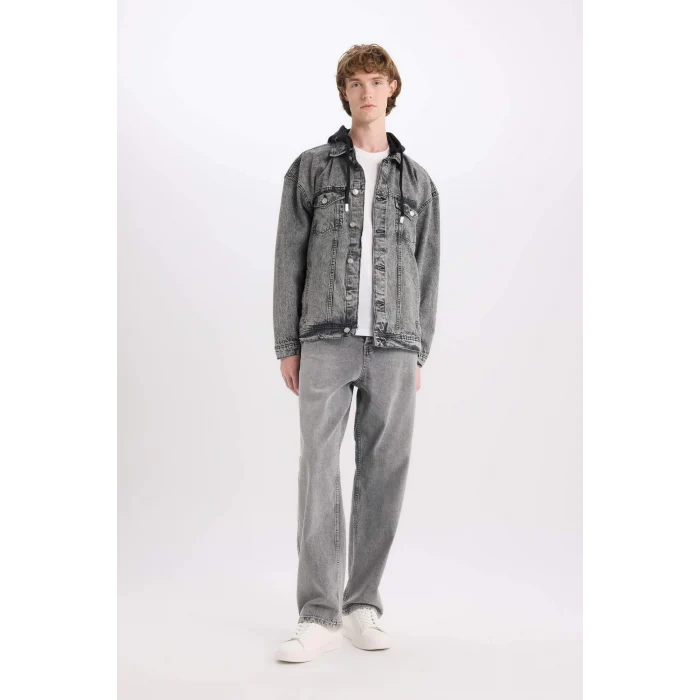Defacto D0416 Gri Oversize Geniş Kalıp Kapüşonlu Düğmeli Mevsimlik Baharlık Jean Ceket