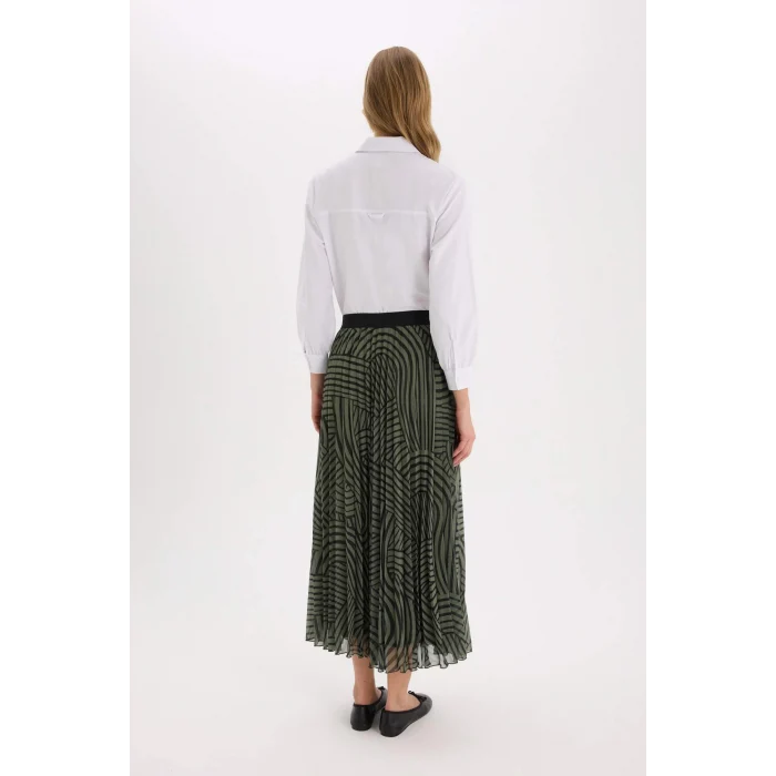 Defacto E5454 Haki Pilise Baskılı Şifon Maxi Etek