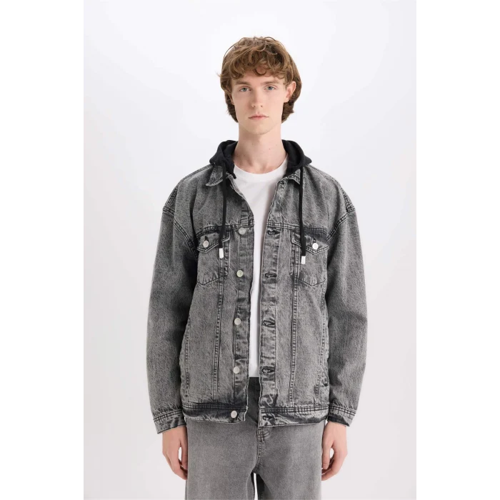 Defacto D0416 Gri Oversize Geniş Kalıp Kapüşonlu Düğmeli Mevsimlik Baharlık Jean Ceket