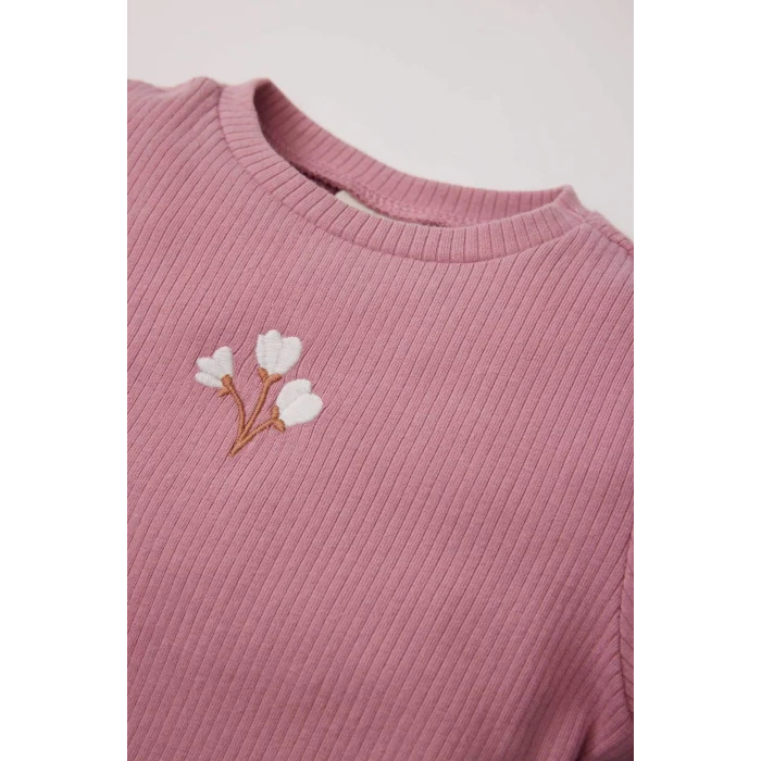 Defacto Y1122 Bordo Kız Bebek 2li Takım Çiçekli Fitilli Kaşkorse Uzun Kollu Tişört Üst Beli Lastikli Alt