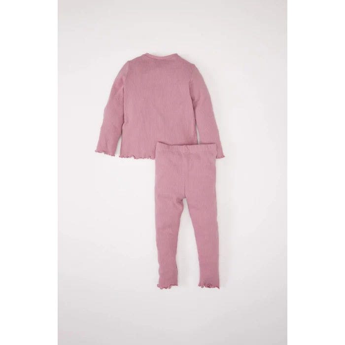 Defacto Y1122 Bordo Kız Bebek 2li Takım Çiçekli Fitilli Kaşkorse Uzun Kollu Tişört Üst Beli Lastikli Alt