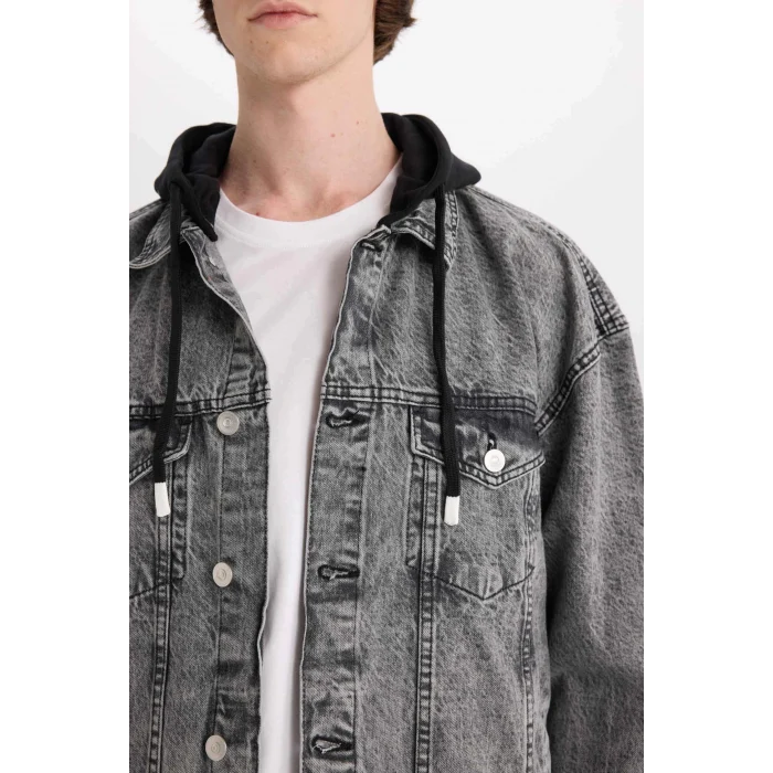 Defacto D0416 Gri Oversize Geniş Kalıp Kapüşonlu Düğmeli Mevsimlik Baharlık Jean Ceket