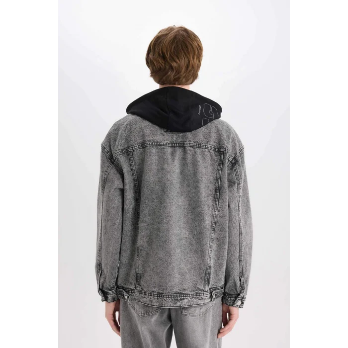 Defacto D0416 Gri Oversize Geniş Kalıp Kapüşonlu Düğmeli Mevsimlik Baharlık Jean Ceket