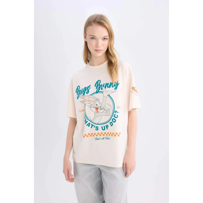 Defacto D9110 Ekru Coool Looney Tunes Oversize Geniş Kalıp Bisiklet Yaka Baskılı Kısa Kollu Tişört