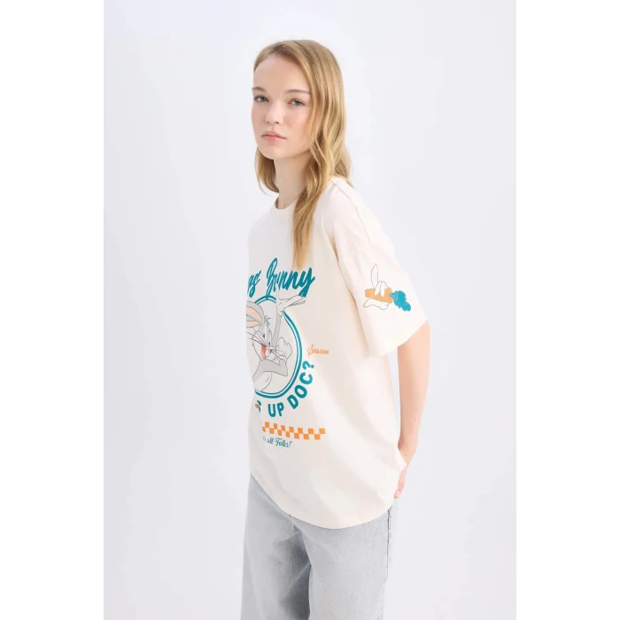 Defacto D9110 Ekru Coool Looney Tunes Oversize Geniş Kalıp Bisiklet Yaka Baskılı Kısa Kollu Tişört