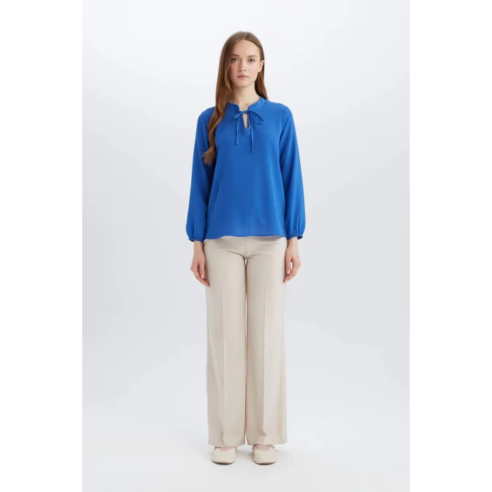 Defacto E6224 Mavi Apaş Yaka Basic Düz Uzun Kollu Bluz