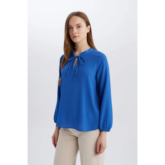 Defacto E6224 Mavi Apaş Yaka Basic Düz Uzun Kollu Bluz