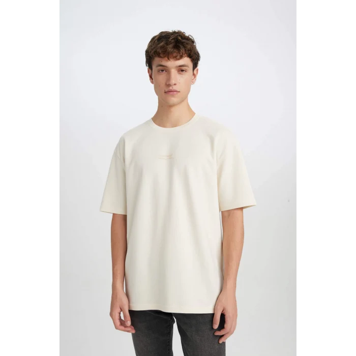Defacto D5494 Ekru Boxy Fit Bisiklet Yaka Baskılı Kısa Kollu Ağır Kumaş Tişört