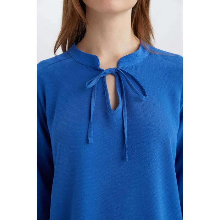 Defacto E6224 Mavi Apaş Yaka Basic Düz Uzun Kollu Bluz