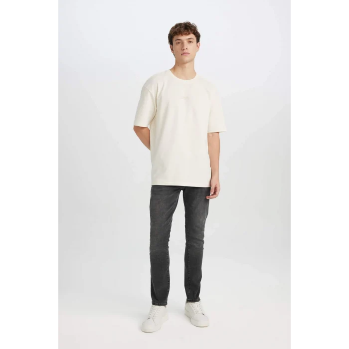 Defacto D5494 Ekru Boxy Fit Bisiklet Yaka Baskılı Kısa Kollu Ağır Kumaş Tişört