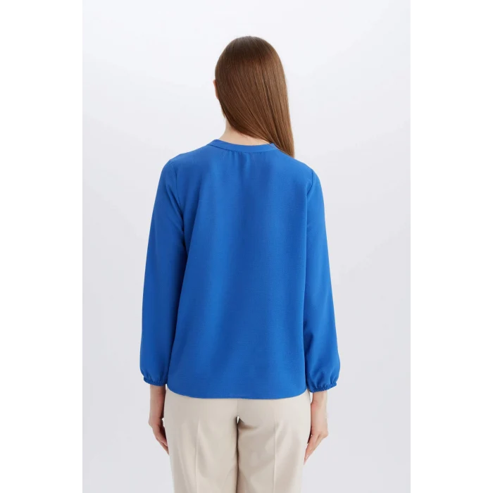 Defacto E6224 Mavi Apaş Yaka Basic Düz Uzun Kollu Bluz