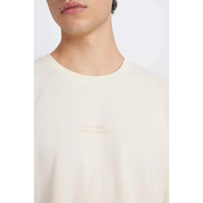 Defacto D5494 Ekru Boxy Fit Bisiklet Yaka Baskılı Kısa Kollu Ağır Kumaş Tişört