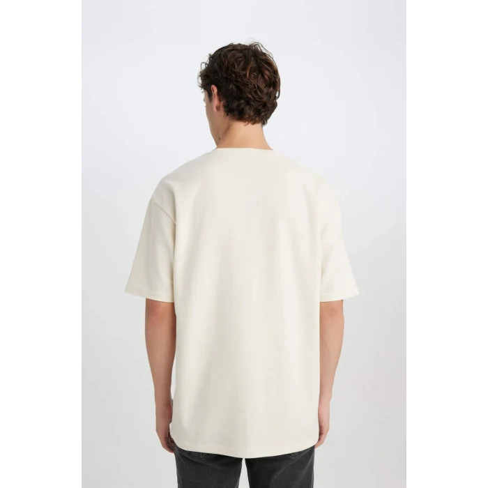 Defacto D5494 Ekru Boxy Fit Bisiklet Yaka Baskılı Kısa Kollu Ağır Kumaş Tişört