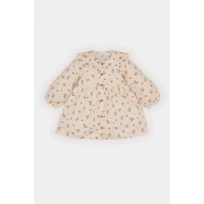 Defacto D9552 Bej Kız Bebek Çiçekli Uzun Kollu Twill Elbise