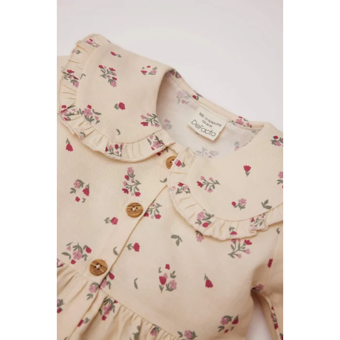 Defacto D9552 Bej Kız Bebek Çiçekli Uzun Kollu Twill Elbise