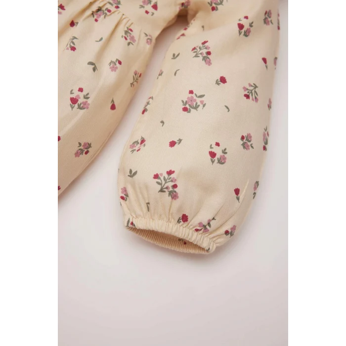 Defacto D9552 Bej Kız Bebek Çiçekli Uzun Kollu Twill Elbise