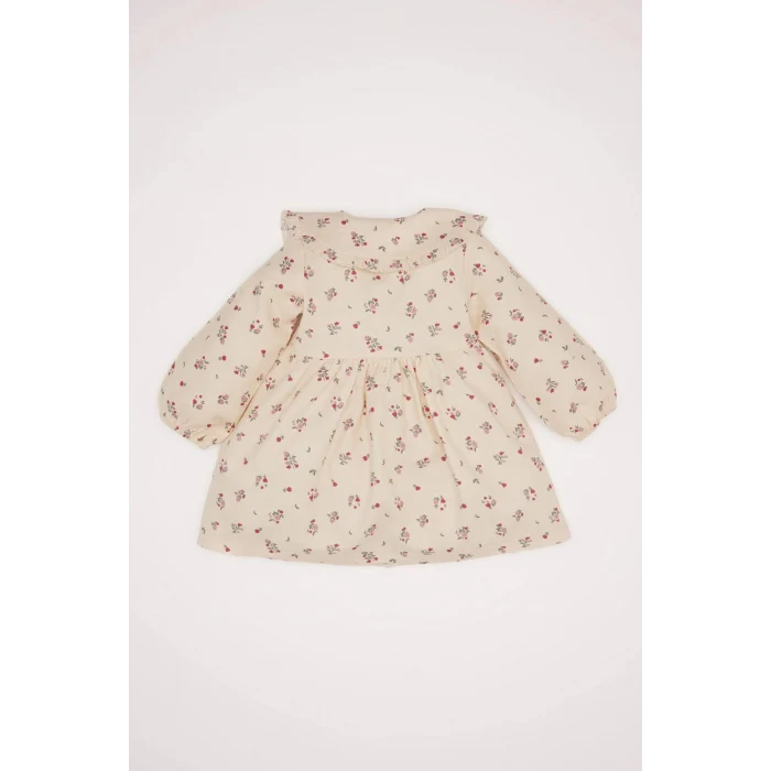 Defacto D9552 Bej Kız Bebek Çiçekli Uzun Kollu Twill Elbise