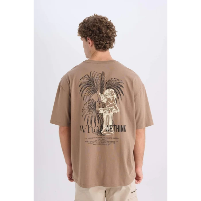 Defacto D5510 Kahve Oversize Geniş Kalıp Bisiklet Yaka Sırt Baskılı Kısa Kollu Tişört