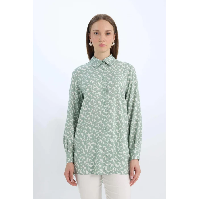 Defacto Z5833 Yeşil Regular Fit Desenli Uzun Kollu Gömlek Tunik