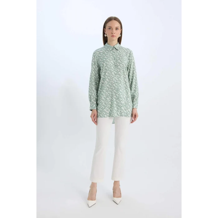 Defacto Z5833 Yeşil Regular Fit Desenli Uzun Kollu Gömlek Tunik