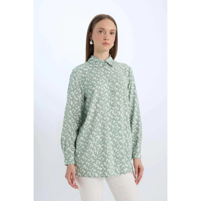 Defacto Z5833 Yeşil Regular Fit Desenli Uzun Kollu Gömlek Tunik