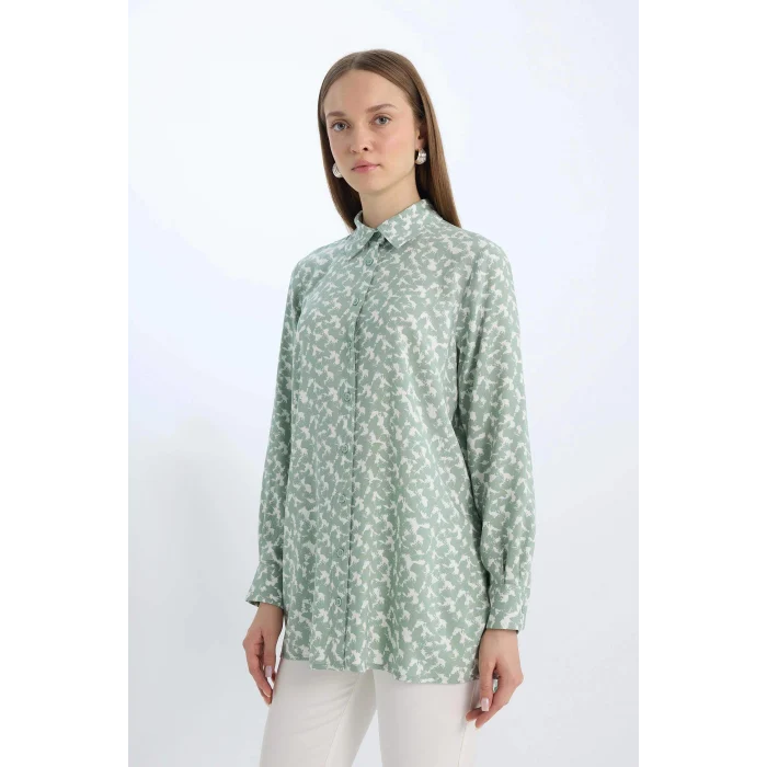 Defacto Z5833 Yeşil Regular Fit Desenli Uzun Kollu Gömlek Tunik