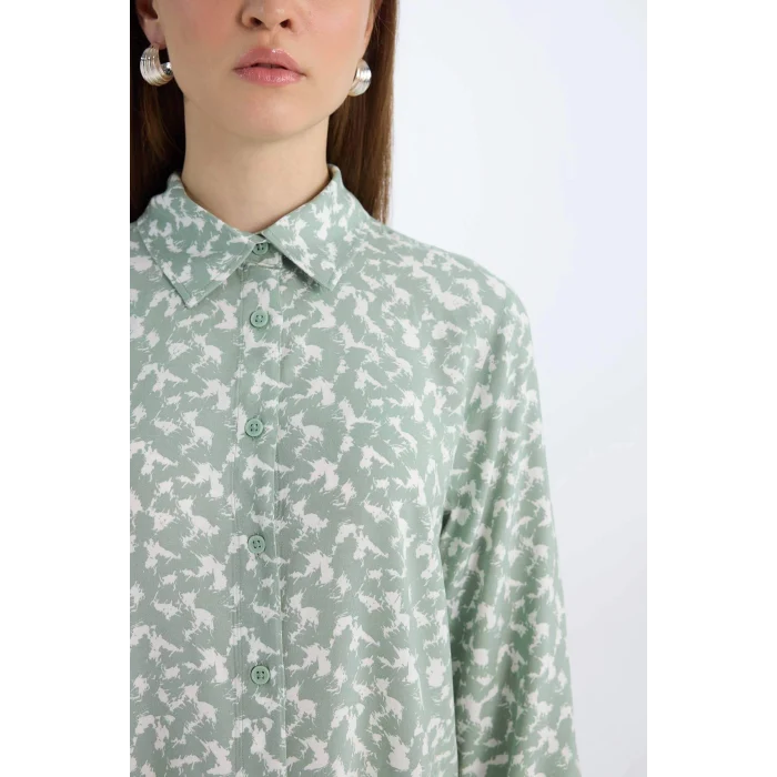 Defacto Z5833 Yeşil Regular Fit Desenli Uzun Kollu Gömlek Tunik
