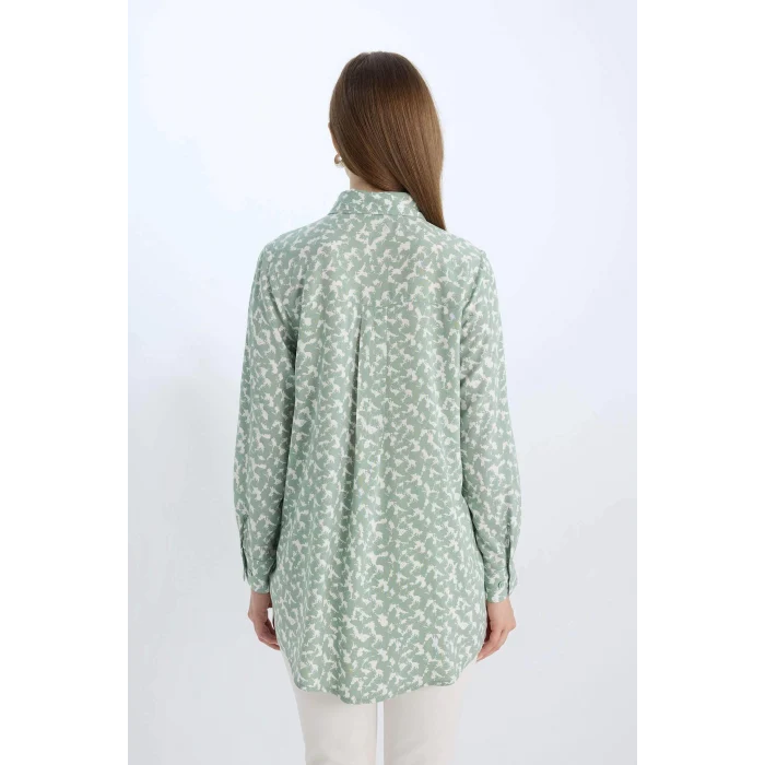 Defacto Z5833 Yeşil Regular Fit Desenli Uzun Kollu Gömlek Tunik