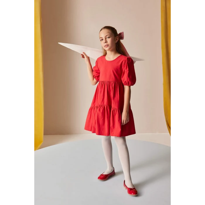 Defacto B6927 Kırmızı Kız Çocuk 23 Nisan Çocuk Bayramı Bisiklet Yaka Pamuklu Kısa Kollu Kırmızı Elbise