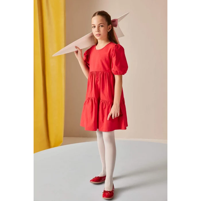 Defacto B6927 Kırmızı Kız Çocuk 23 Nisan Çocuk Bayramı Bisiklet Yaka Pamuklu Kısa Kollu Kırmızı Elbise