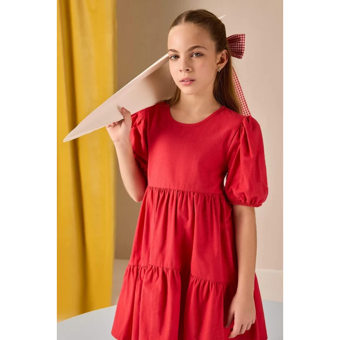 Defacto B6927 Kırmızı Kız Çocuk 23 Nisan Çocuk Bayramı Bisiklet Yaka Pamuklu Kısa Kollu Kırmızı Elbise
