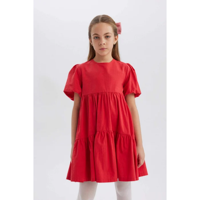 Defacto B6927 Kırmızı Kız Çocuk 23 Nisan Çocuk Bayramı Bisiklet Yaka Pamuklu Kısa Kollu Kırmızı Elbise
