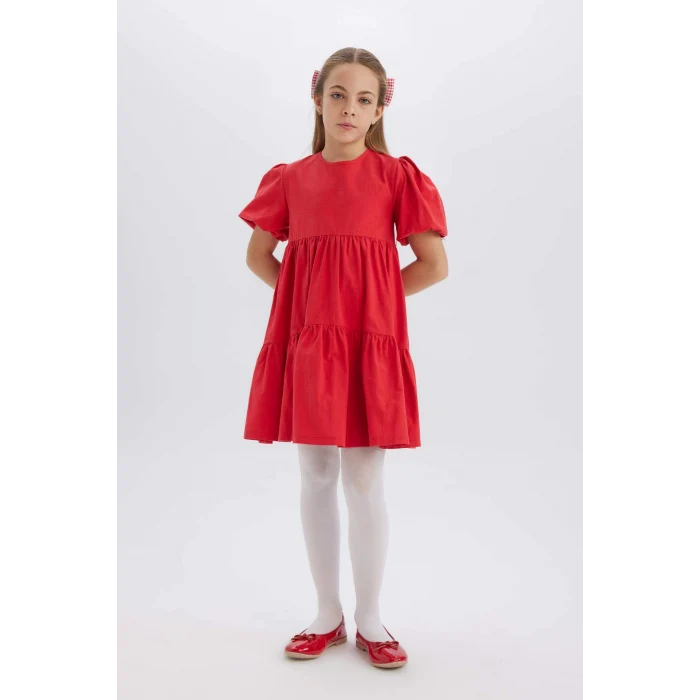 Defacto B6927 Kırmızı Kız Çocuk 23 Nisan Çocuk Bayramı Bisiklet Yaka Pamuklu Kısa Kollu Kırmızı Elbise