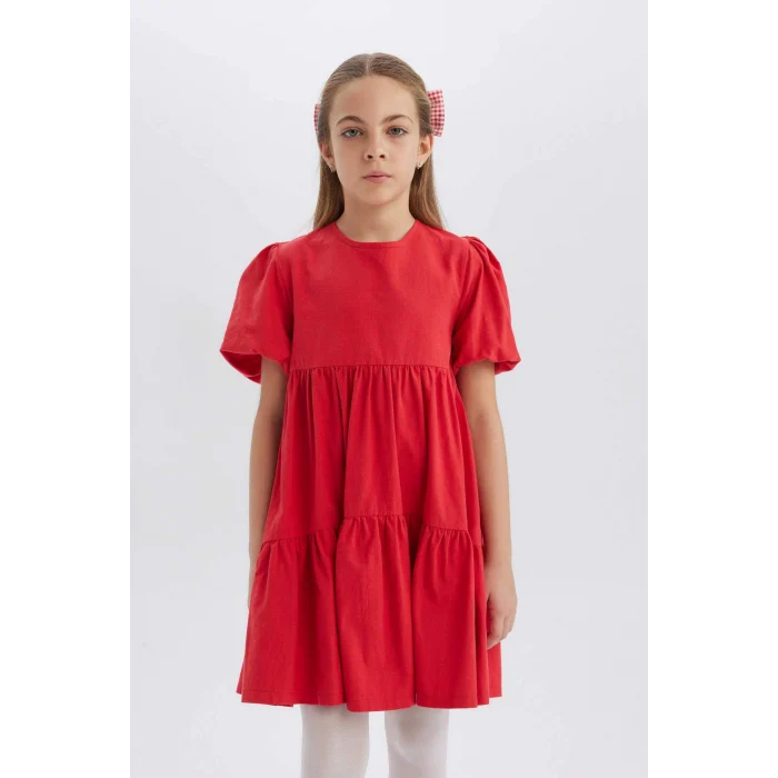Defacto B6927 Kırmızı Kız Çocuk 23 Nisan Çocuk Bayramı Bisiklet Yaka Pamuklu Kısa Kollu Kırmızı Elbise