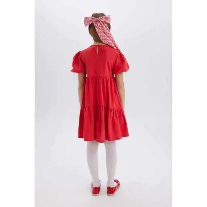 Defacto B6927 Kırmızı Kız Çocuk 23 Nisan Çocuk Bayramı Bisiklet Yaka Pamuklu Kısa Kollu Kırmızı Elbise