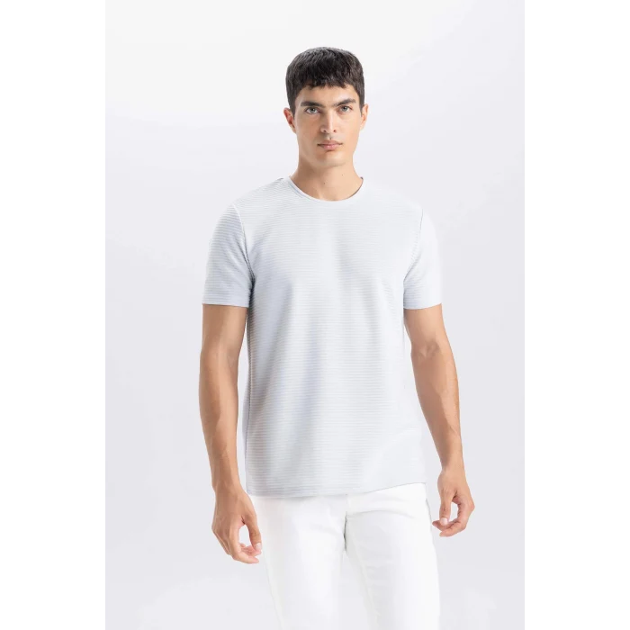 Defacto M6608 Gri Slim Fit Dar Kesim Bisiklet Yaka Basic Düz Kısa Kollu Tişört