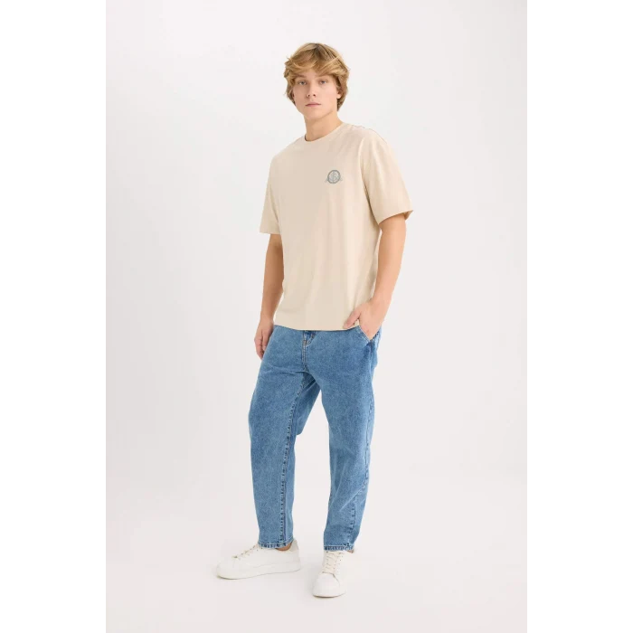 Defacto D7815 Bej Boxy Fit Bisiklet Yaka Sırt Baskılı Kısa Kollu Tişört