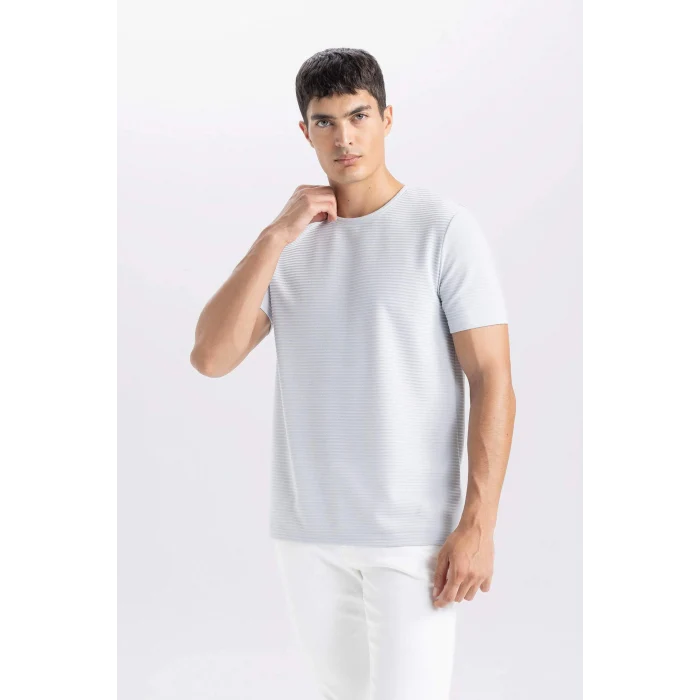Defacto M6608 Gri Slim Fit Dar Kesim Bisiklet Yaka Basic Düz Kısa Kollu Tişört