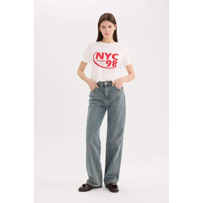 Defacto D6617 Mavi 90s Wide Leg Yüksek Bel Uzun Jean Yıkamalı Pantolon